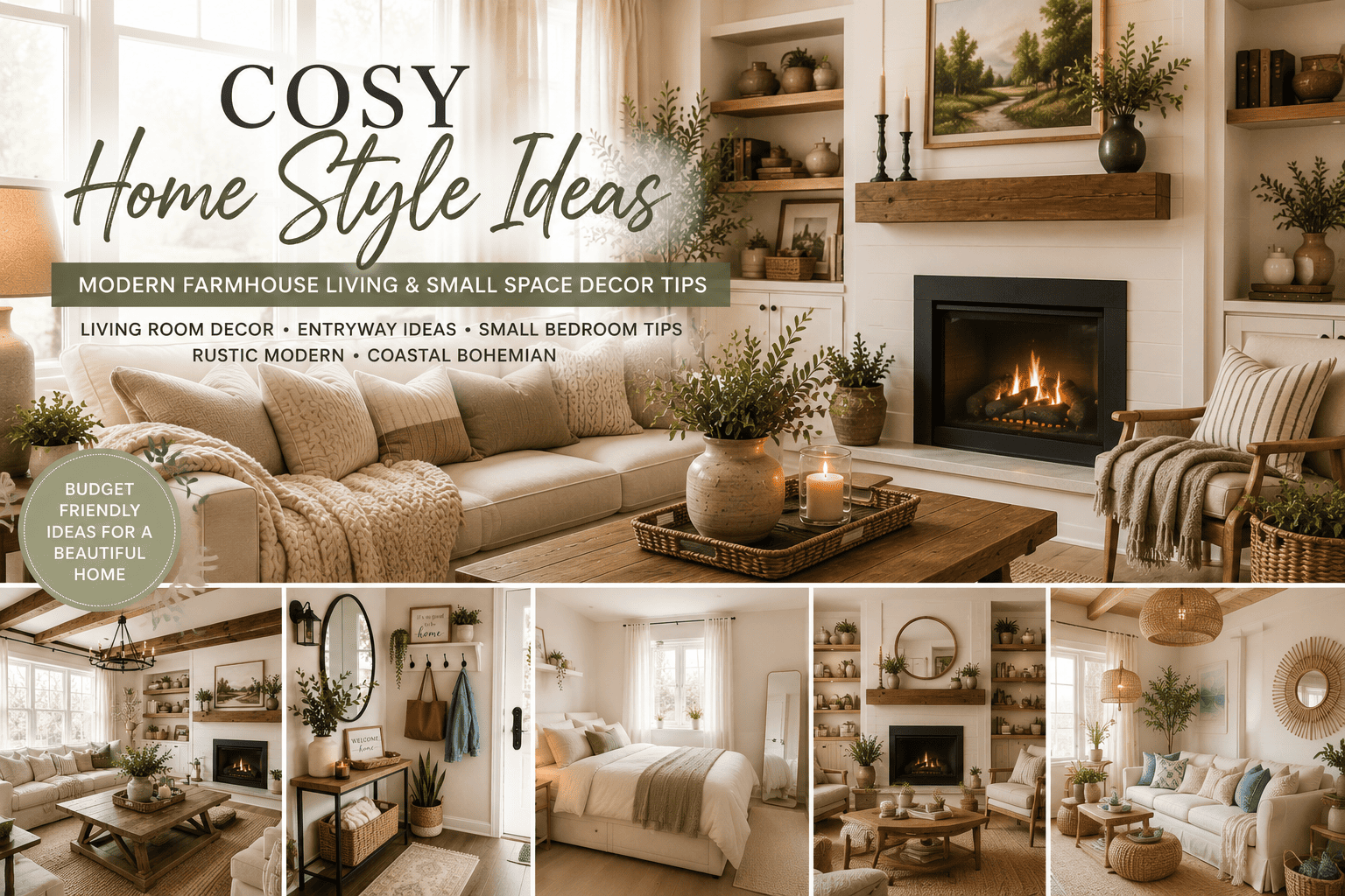 Modern farmhouse living room with neutral colors, wooden furniture, cozy fireplace, rustic decor, small entryway ideas, and small bedroom inspiration for stylish home decorating.