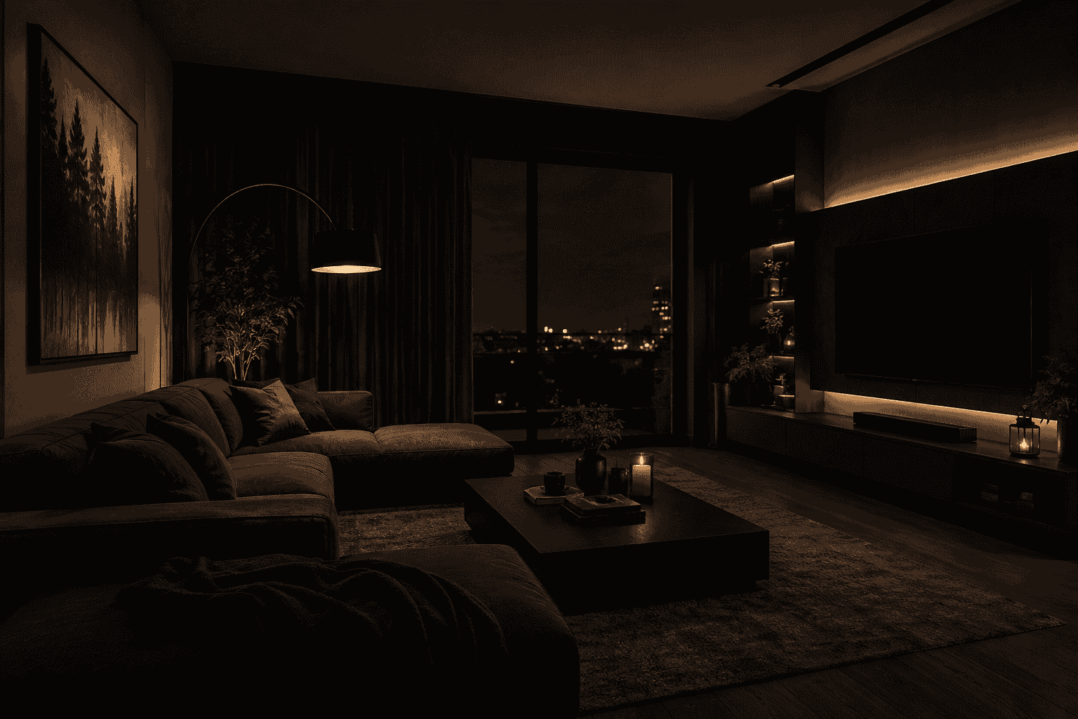 Dark moody living room with warm layered lighting and elegant decor
