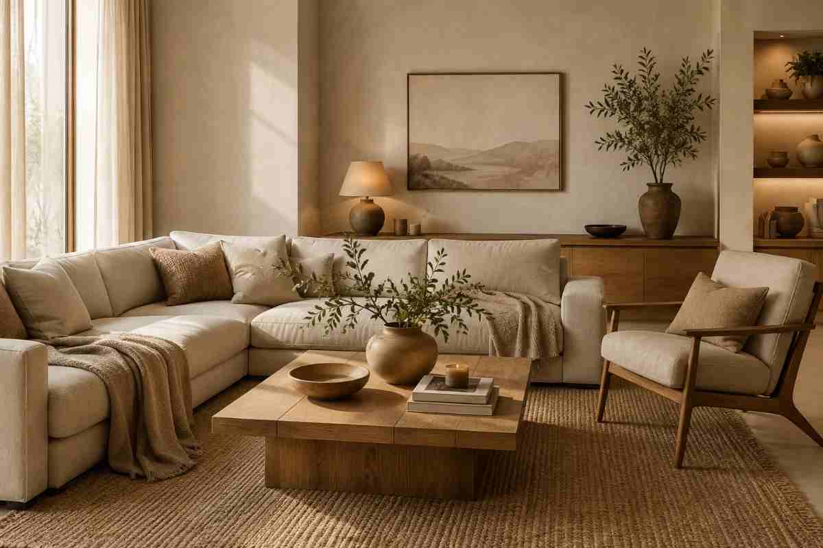 Warm minimalist living room with neutral colors and natural textures